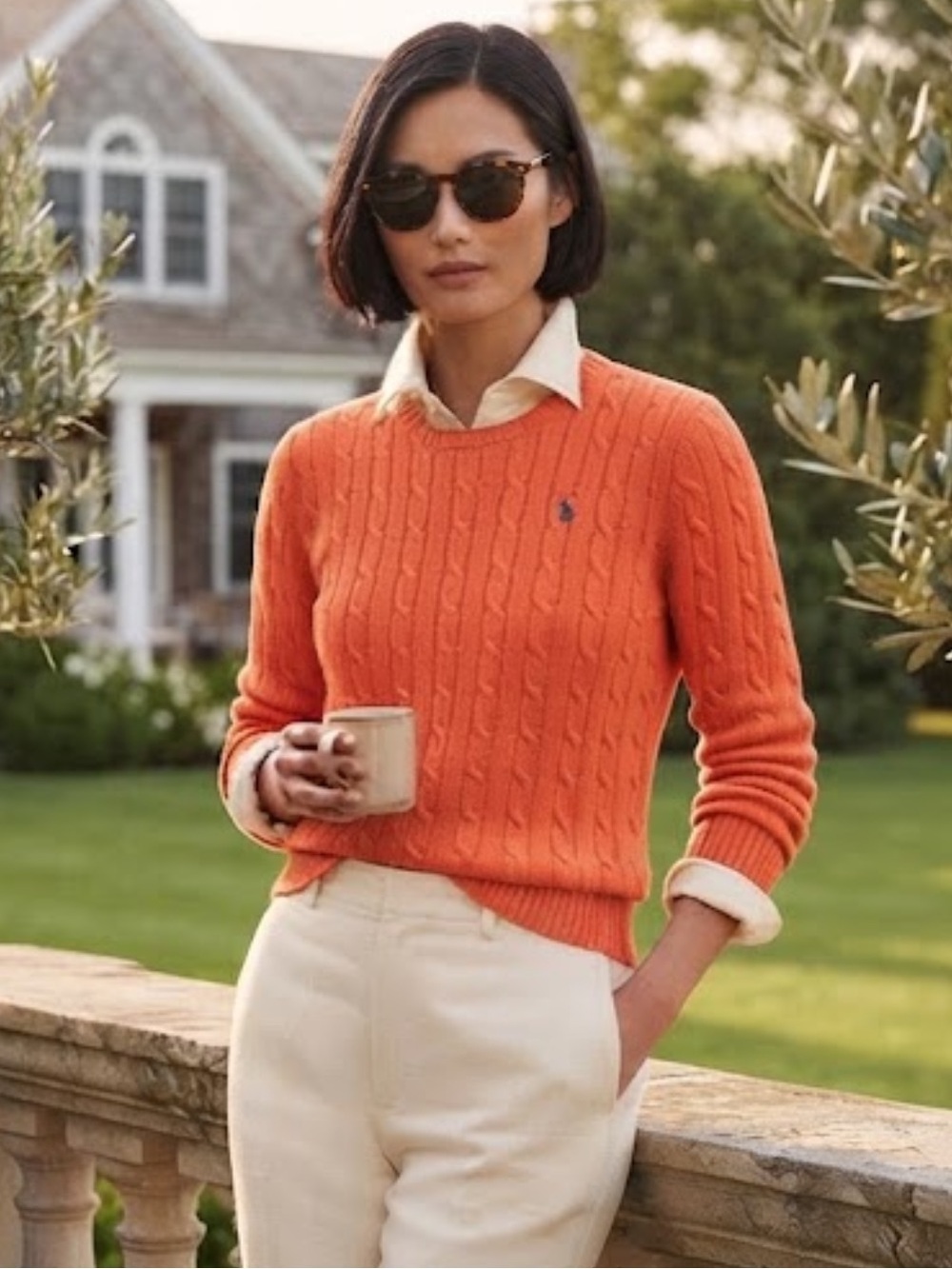 Lauren Ralph Lauren Orange Cotton Cable Knit Crewneck Sweater Size M